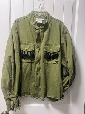 LUSH olive green utility shirt jacket featuring black tassel fringe details